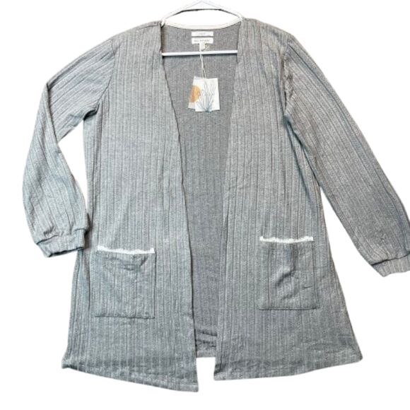 Blu Pepper Sweaters - Blu Pepper NWT Open-Front Gray Ribbed Cardigan with Lace-Trim Pockets Size L